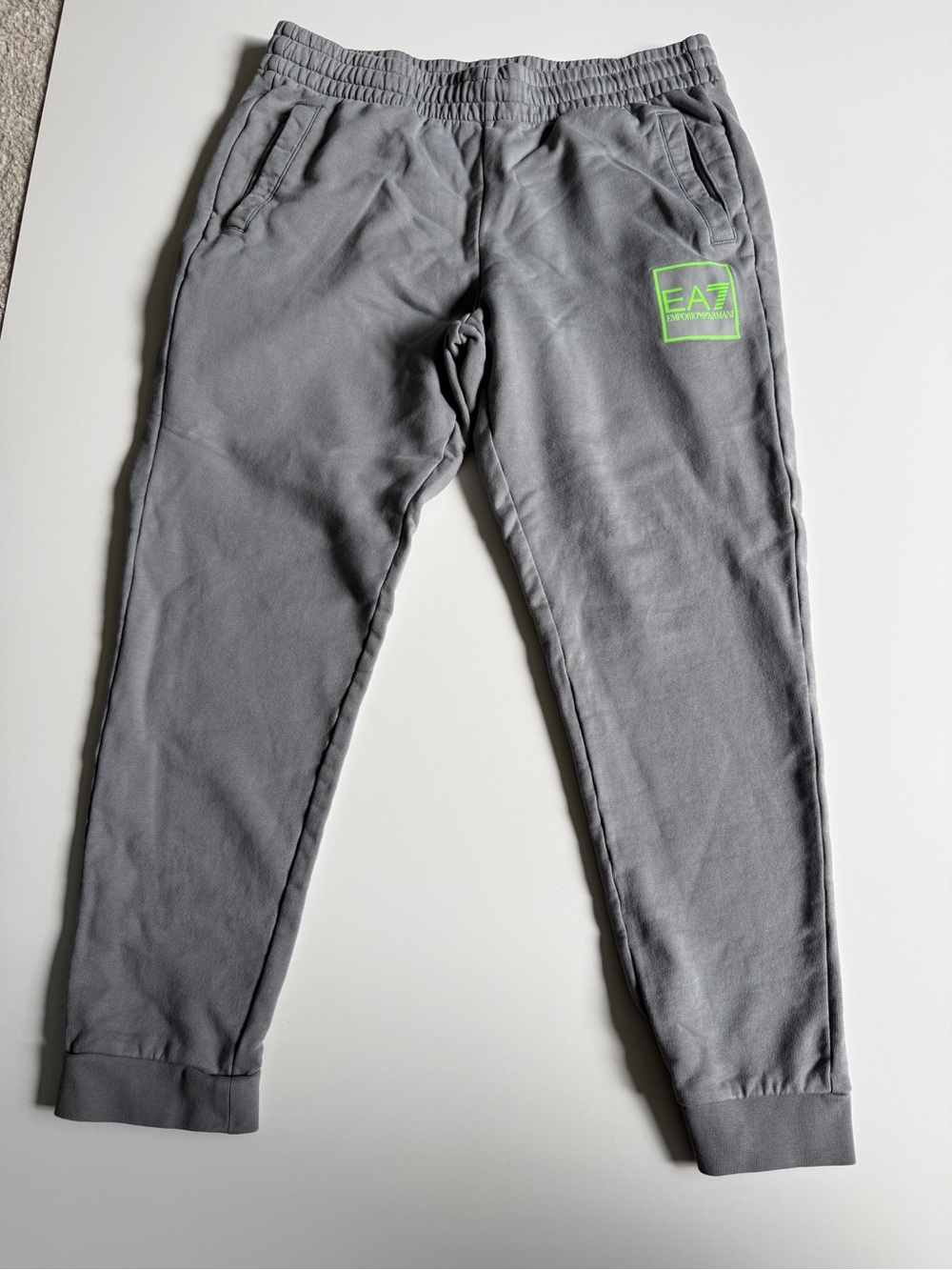 Emporio Armani Menโs Gray Joggers Sweatpants with Neon Green Logo- Large